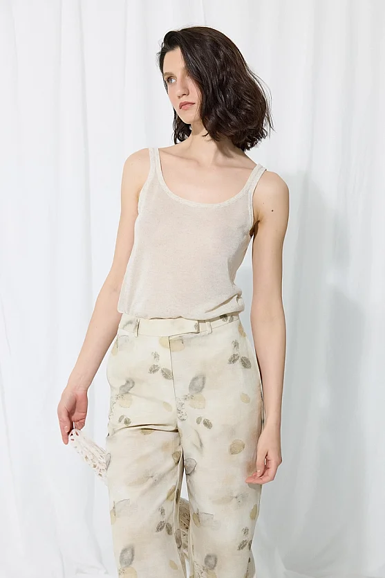 İz Koleksiyonu Eco Print Koton Keten Pantolon - Taş - 5