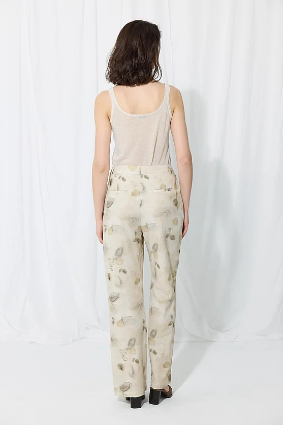 İz Koleksiyonu Eco Print Koton Keten Pantolon - Taş - 7