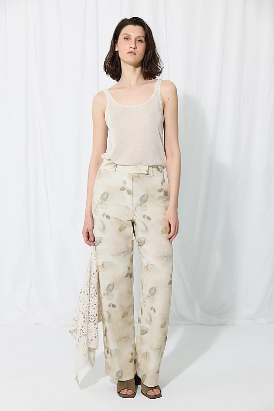 İz Koleksiyonu Eco Print Koton Keten Pantolon - Taş - Gusto