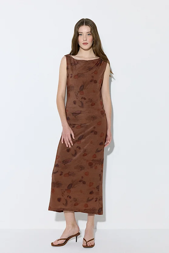 İz Koleksiyonu Eco Print Tek Omuz Uzun Elbise - Kahverengi - 1