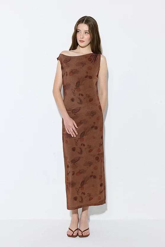 İz Koleksiyonu Eco Print Tek Omuz Uzun Elbise - Kahverengi - 2