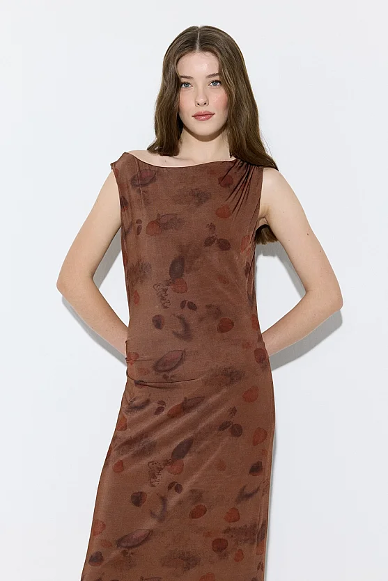 İz Koleksiyonu Eco Print Tek Omuz Uzun Elbise - Kahverengi - Gusto