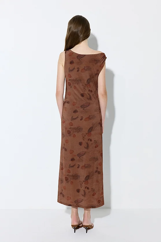 İz Koleksiyonu Eco Print Tek Omuz Uzun Elbise - Kahverengi - 8