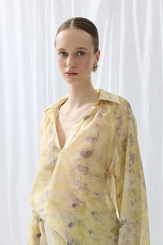 İz Koleksiyonu Eco Print Tensel Gömlek - Sarı - 2