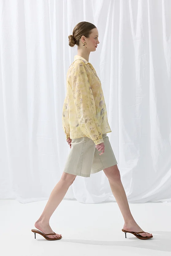 İz Koleksiyonu Eco Print Tensel Gömlek - Sarı - 4