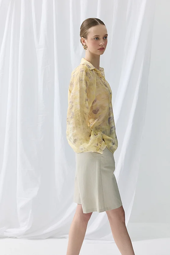 İz Koleksiyonu Eco Print Tensel Gömlek - Sarı - 5