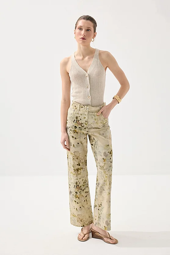 İz Koleksiyonu Eko Print Desenli Bol Paça Pantolon - Yeşil - 4