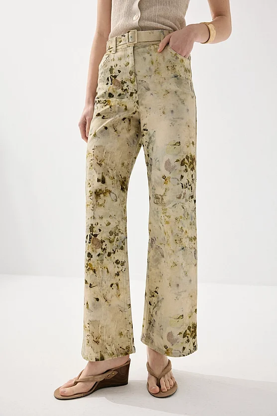 İz Koleksiyonu Eko Print Desenli Bol Paça Pantolon - Yeşil - 6