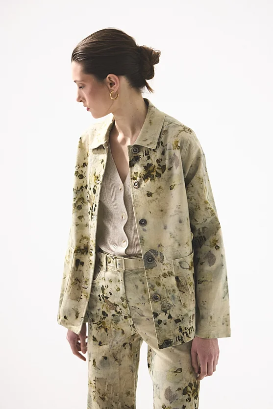 İz Koleksiyonu Eko Print Desenli Kanvas Ceket - Yeşil - 1