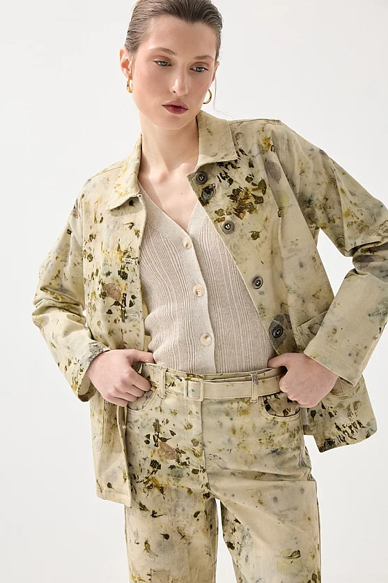 İz Koleksiyonu Eko Print Desenli Kanvas Ceket - Yeşil - 2