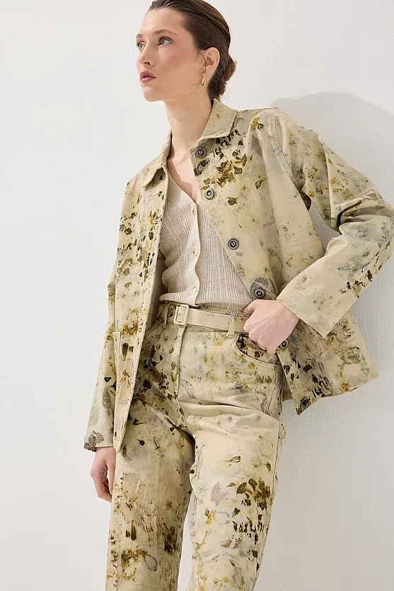 İz Koleksiyonu Eko Print Desenli Kanvas Ceket - Yeşil - 4