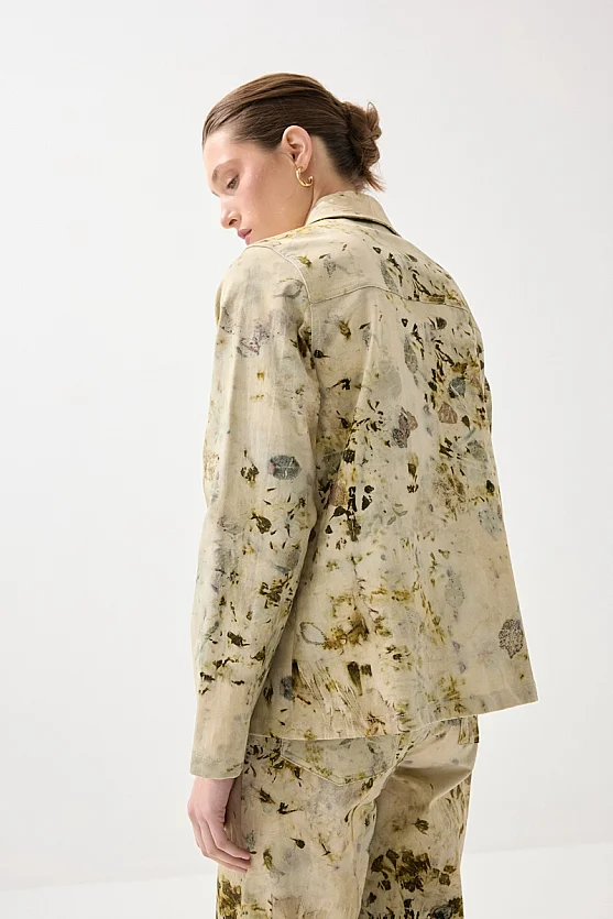 İz Koleksiyonu Eko Print Desenli Kanvas Ceket - Yeşil - Gusto