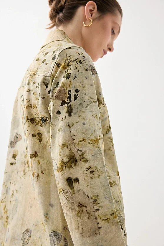 İz Koleksiyonu Eko Print Desenli Kanvas Ceket - Yeşil - 10