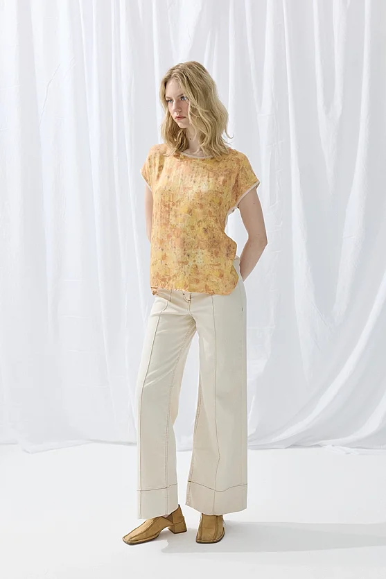 İz Koleksiyonu Eko Print Önü Saten T-shirt - Bej - Gusto