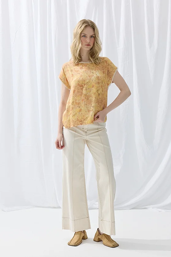 İz Koleksiyonu Eko Print Önü Saten T-shirt - Bej - Gusto