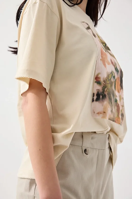 İz Koleksiyonu Ekoprint Pamuk T-shirt - Bej - Gusto