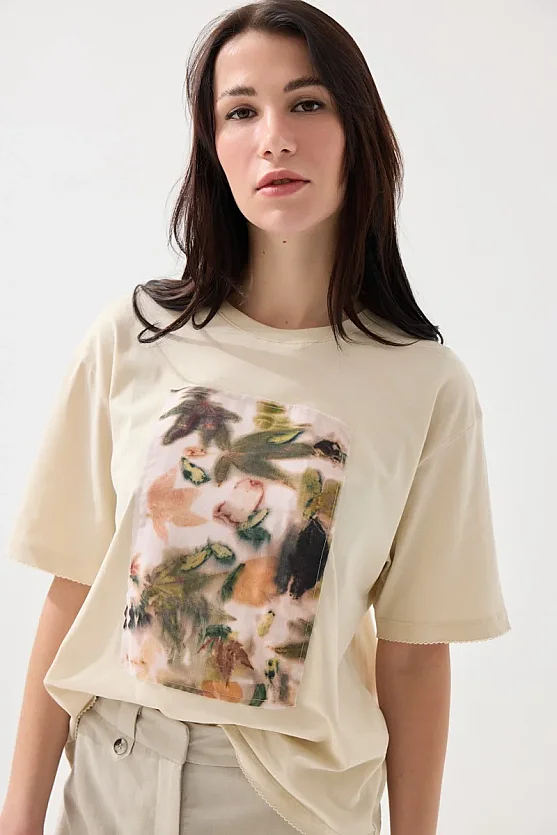 İz Koleksiyonu Ekoprint Pamuk Tshirt - Bej - Gusto