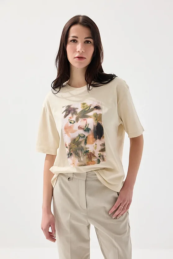 İz Koleksiyonu Ekoprint Pamuk Tshirt - Bej - 3