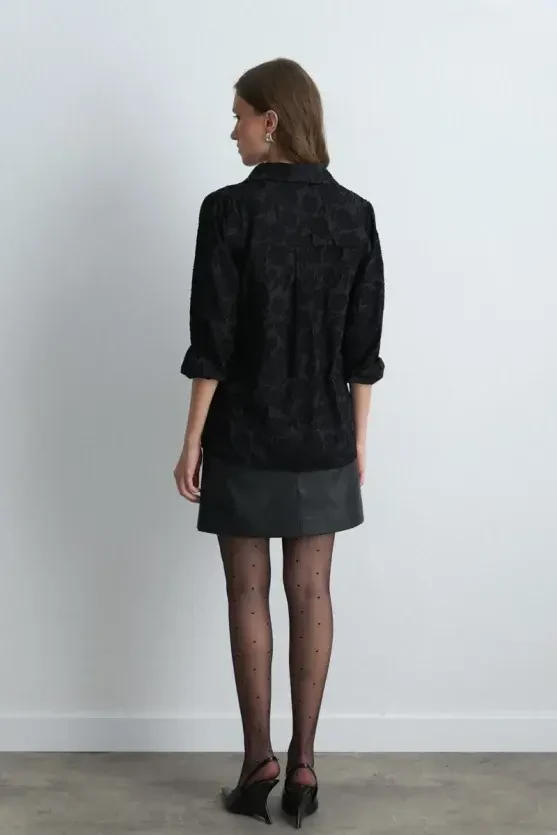 Jacquard Patterned Embroidered Shirt - Black - 5
