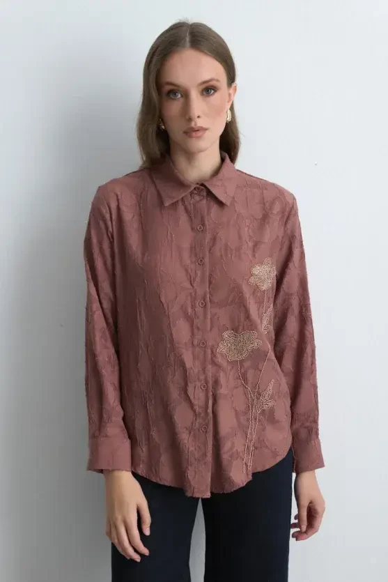 Jacquard Patterned Embroidered Shirt - Dusty Rose - Gusto