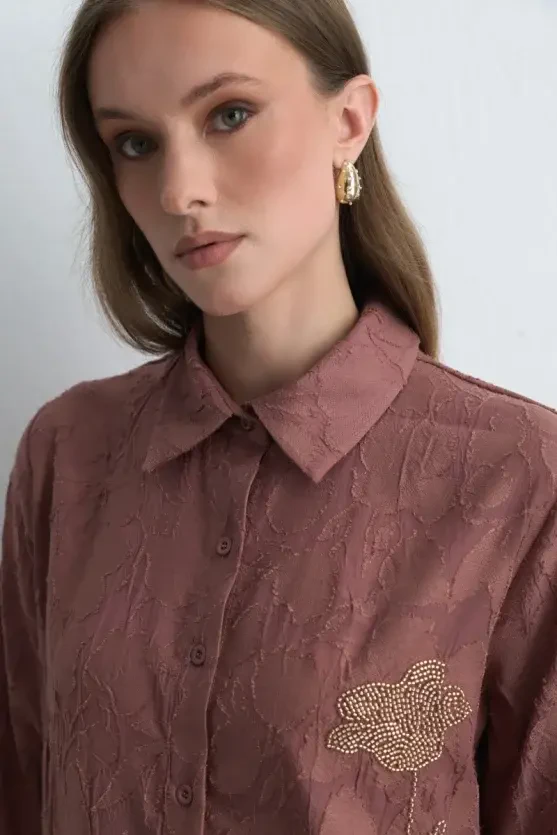 Jacquard Patterned Embroidered Shirt - Dusty Rose - Gusto