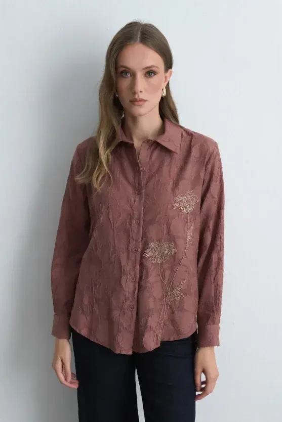 Jacquard Patterned Embroidered Shirt - Dusty Rose - Gusto