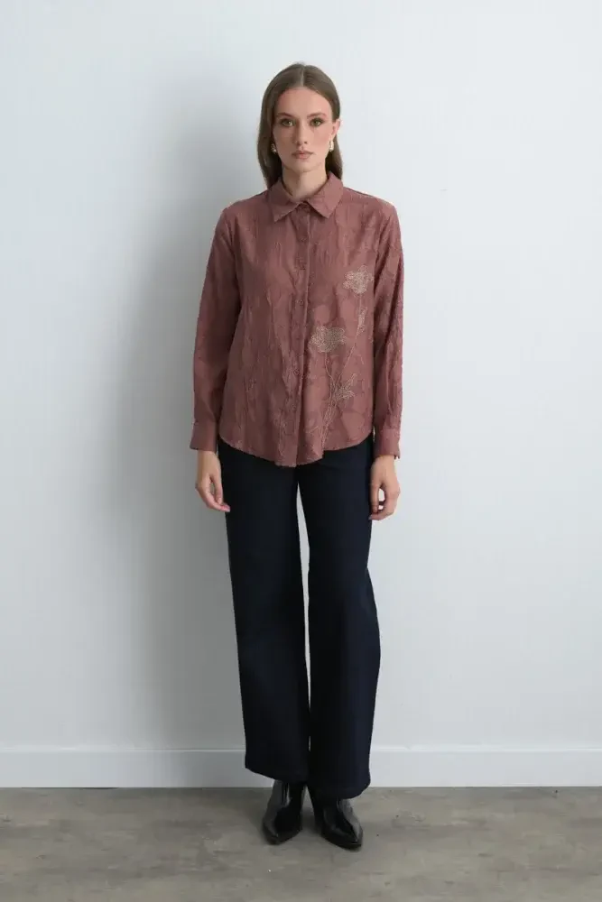 Jacquard Patterned Embroidered Shirt - Dusty Rose