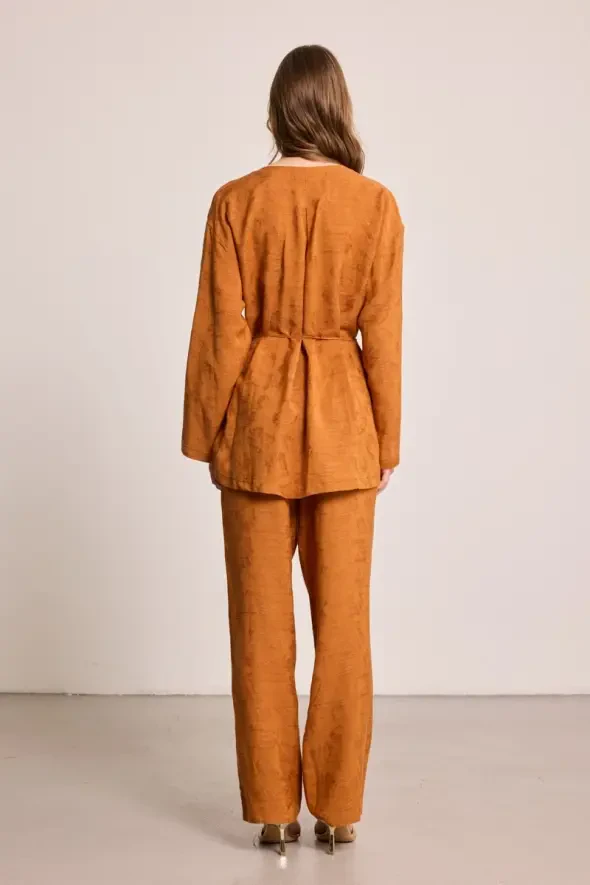 Jakar Desenli Keten Kimono - Kiremit - 5