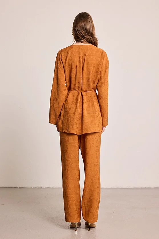 Jakar Desenli Keten Kimono - Kiremit - 5