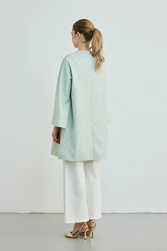 Jakar Desenli Yakasız Kaftan - Mint - 4