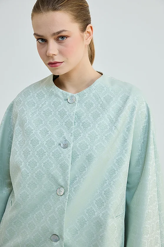 Jakar Desenli Yakasız Kaftan - Mint - 3