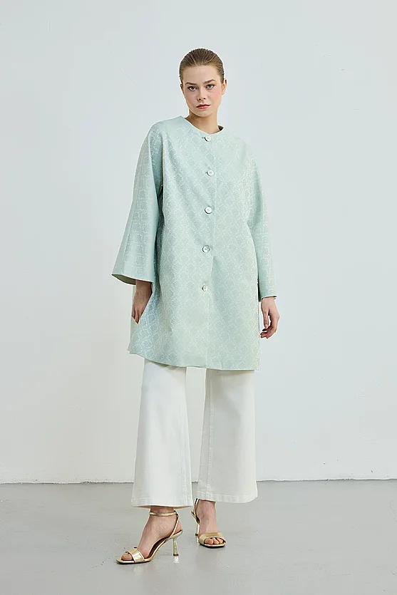 Jakar Desenli Yakasız Kaftan - Mint - Gusto