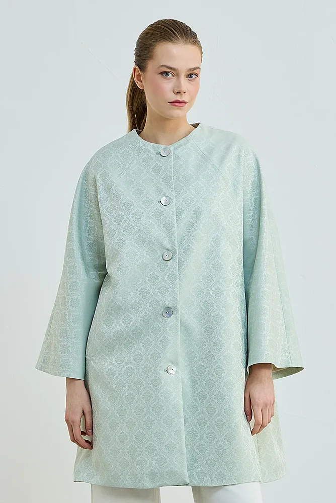 Jakar Desenli Yakasız Kaftan - Mint Mint
