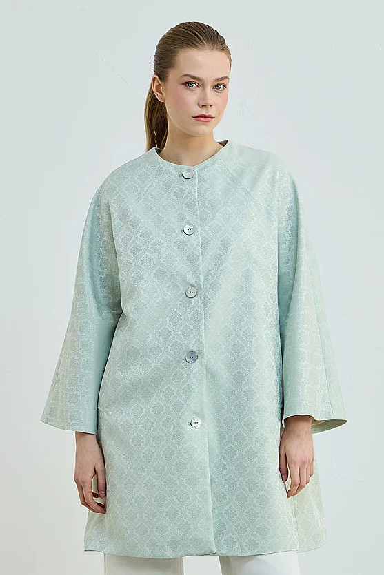 Jakar Desenli Yakasız Kaftan - Mint - Gusto