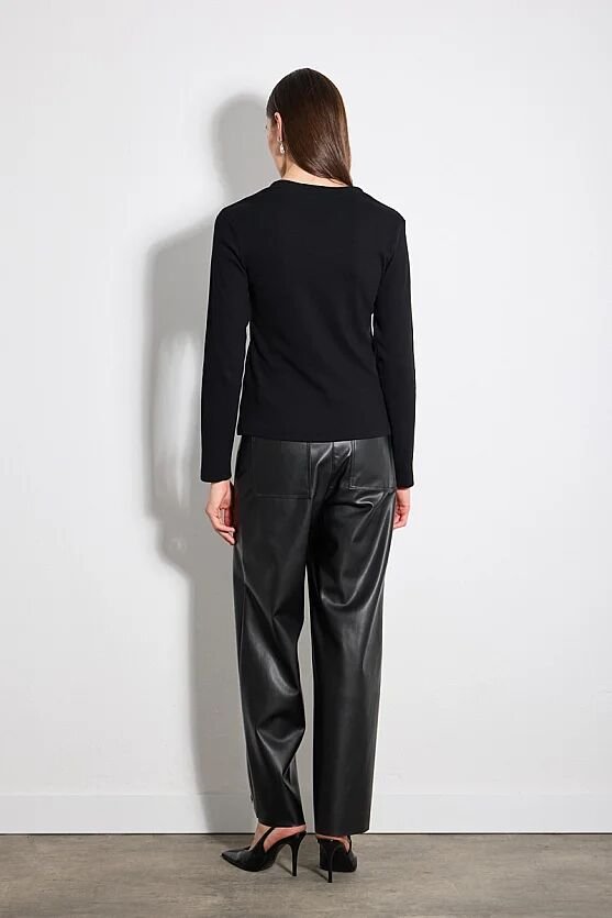 Kadife Biyeli V Yaka Düğmeli Pamuk Ribana Örme Bluz - Siyah - 5