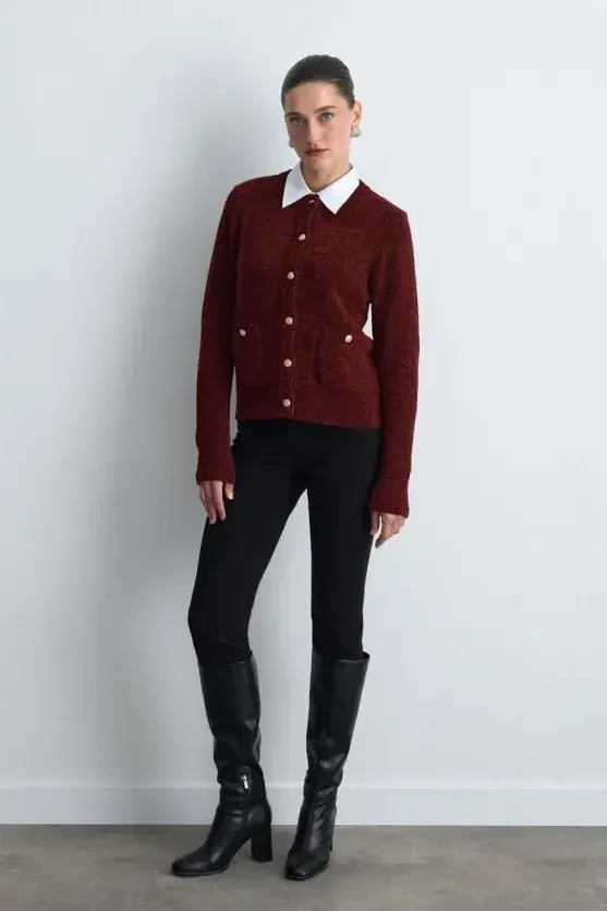 Kadife Dokulu Triko Ceket - Bordo - Gusto