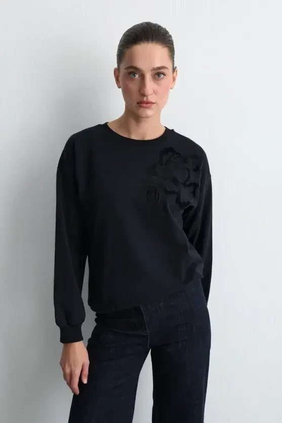 Kadife Nakışlı Pamuk Sweatshirt - Siyah - 2