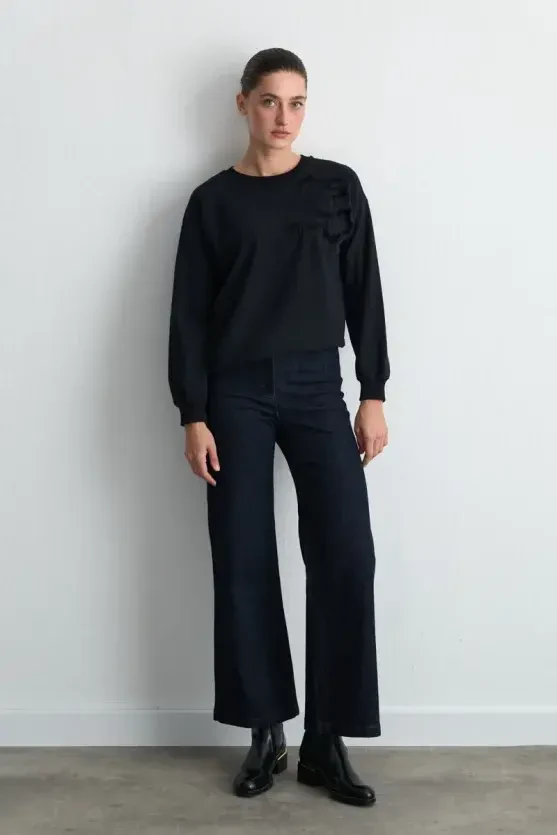 Kadife Nakışlı Pamuk Sweatshirt - Siyah - 4