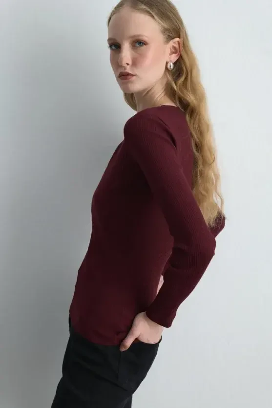 Kalp Yaka Pamuk Bluz - Bordo - 3