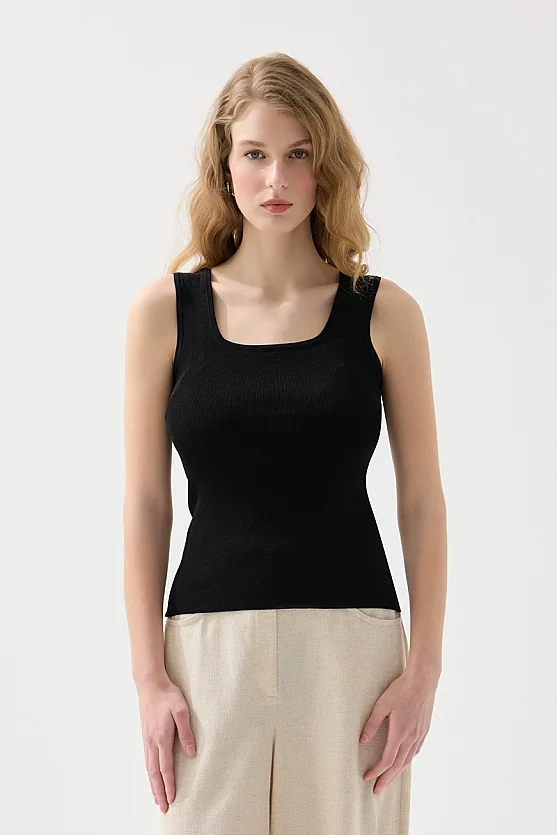 Kare Yaka Merserize Triko Atlet - Siyah - Gusto