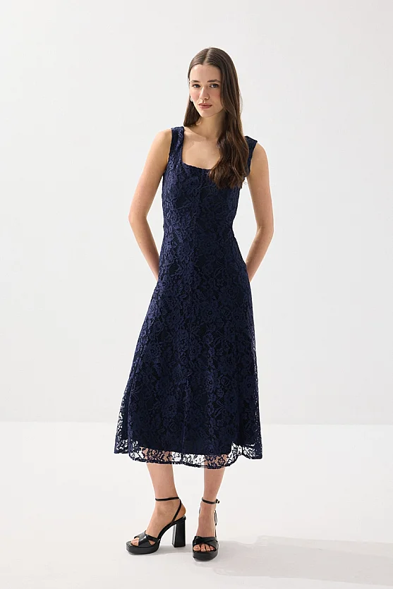 Kare Yaka Uzun Dantel Abiye Elbise - Lacivert - Gusto