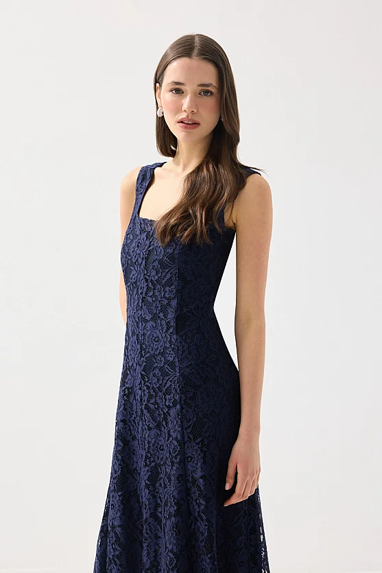 Kare Yaka Uzun Dantel Abiye Elbise - Lacivert - Gusto