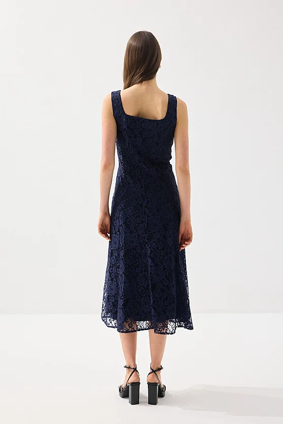 Kare Yaka Uzun Dantel Abiye Elbise - Lacivert - Gusto