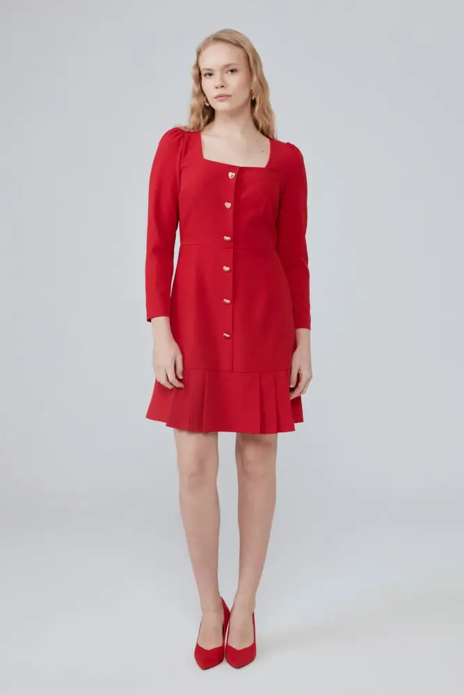 Kare Yaka Uzun Kollu Elbise - Kırmızı Kırmızı