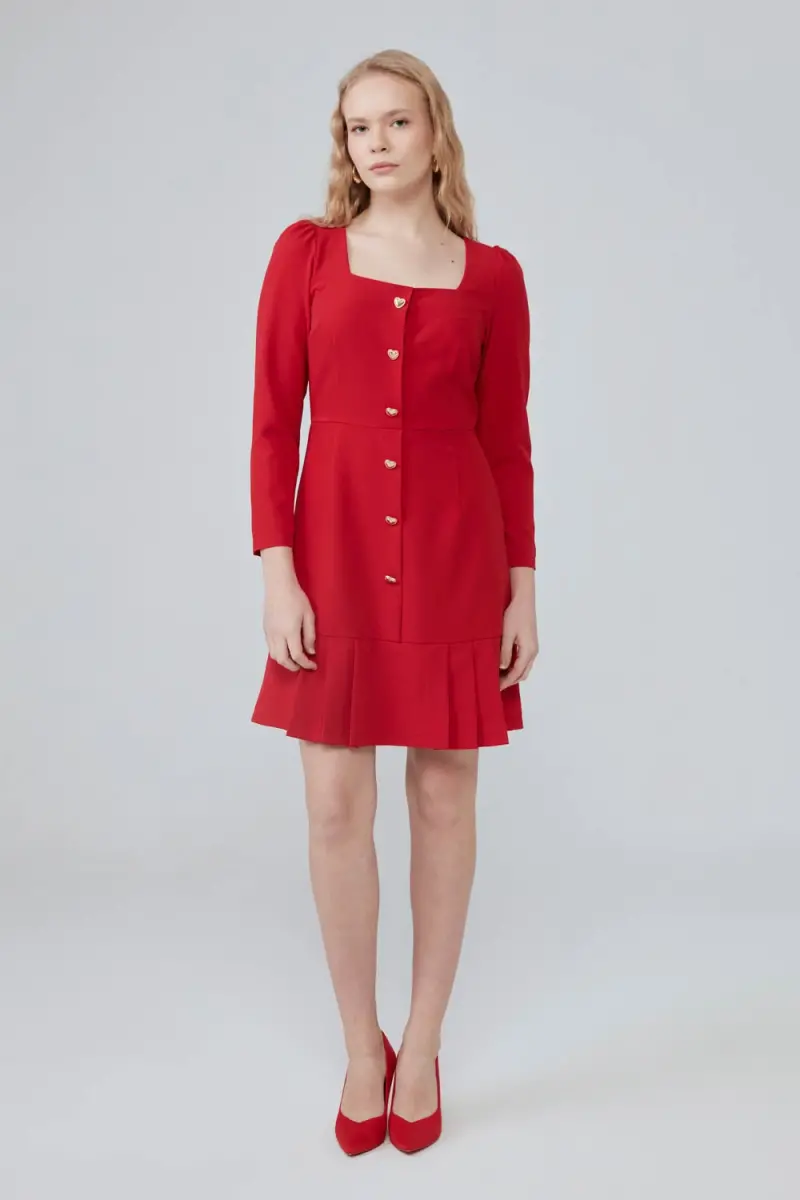Kare Yaka Uzun Kollu Elbise - Kırmızı - 1