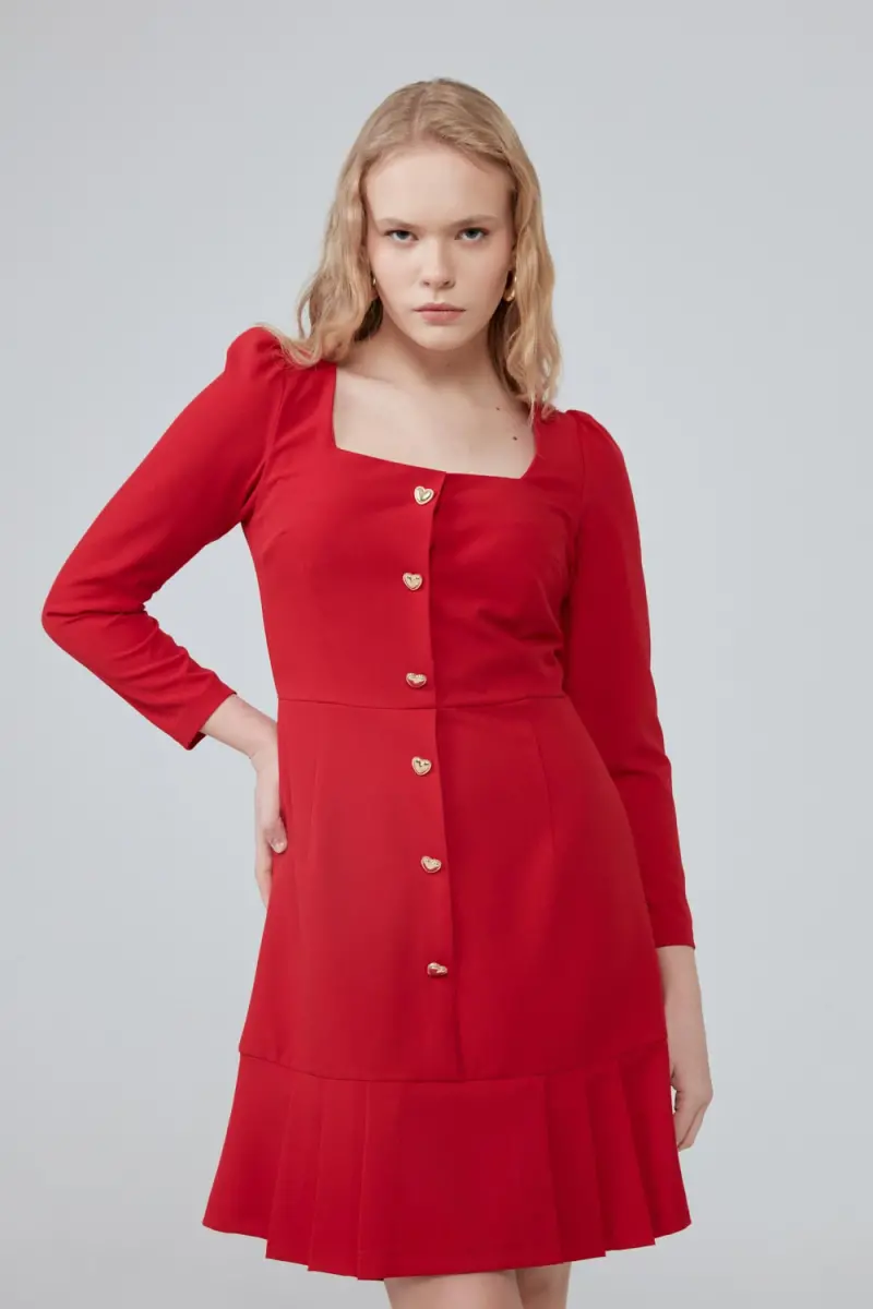 Kare Yaka Uzun Kollu Elbise - Kırmızı - 2