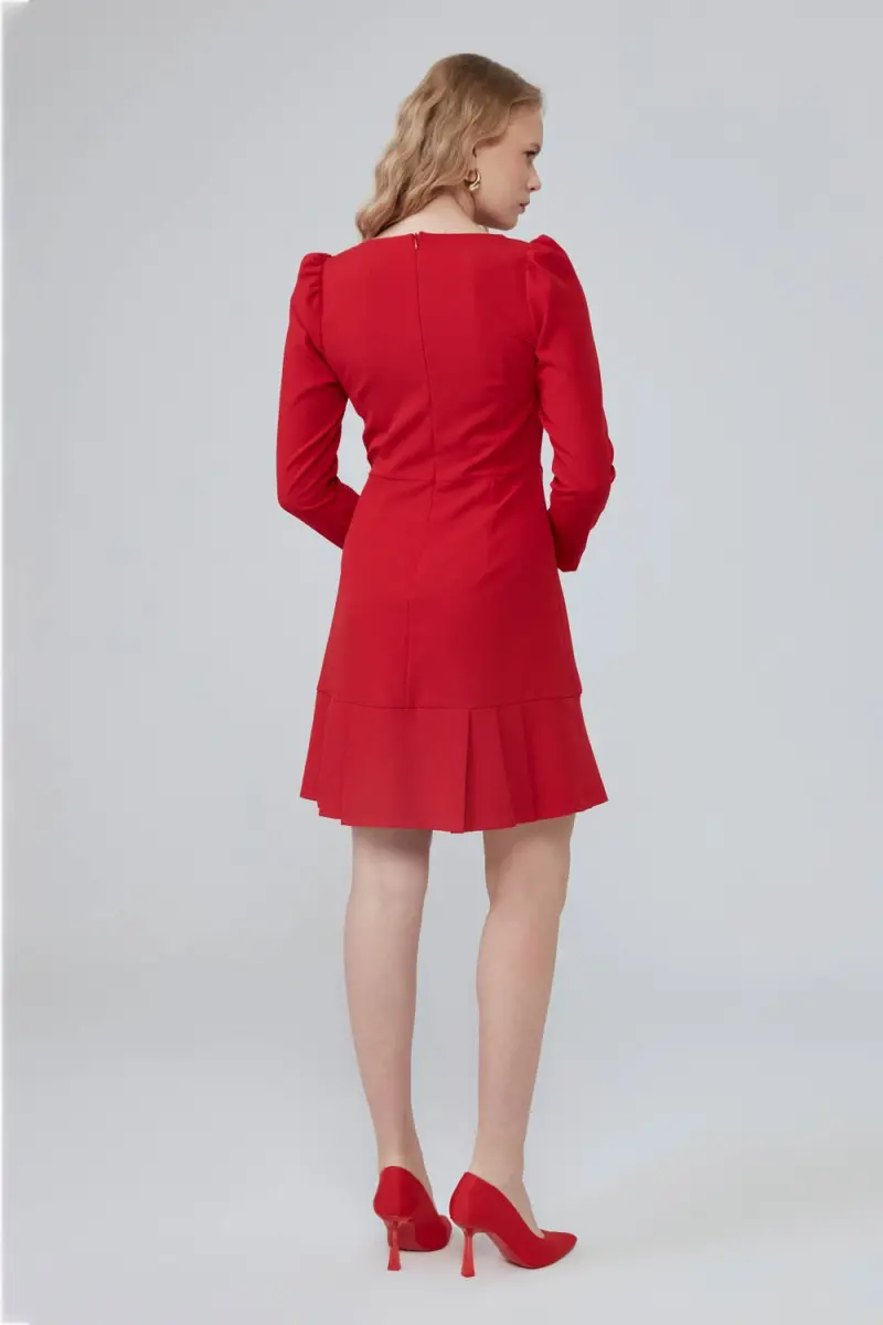 Kare Yaka Uzun Kollu Elbise - Kırmızı - 4