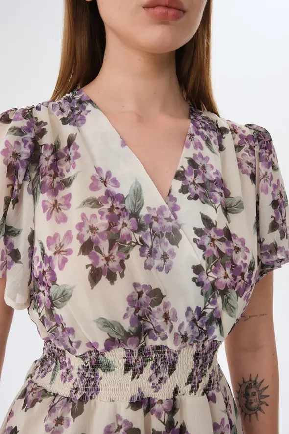 Kat Kat Çiçek Desenli Şifon Elbise - Ekru - 5