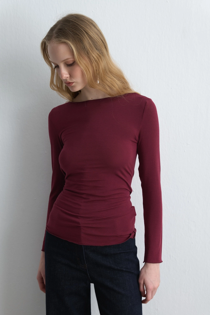 Kayık Yaka Kaşmir Bluz - Bordo