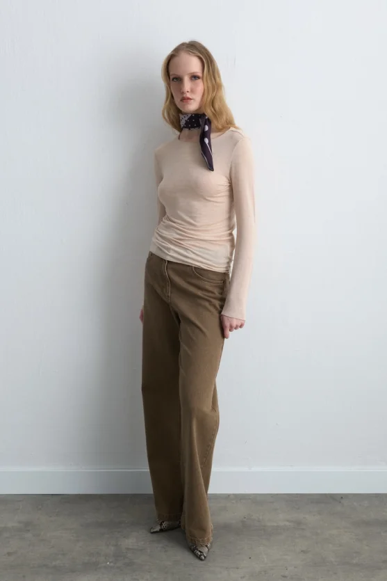 Kayık Yaka Kaşmir Simli Bluz - Ekru - 3